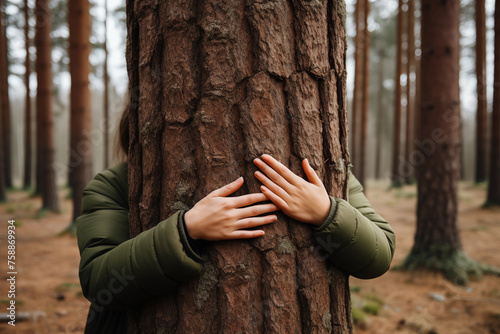 A person embracing a tree in a deep forest, expressing connection with nature for Earth Day.