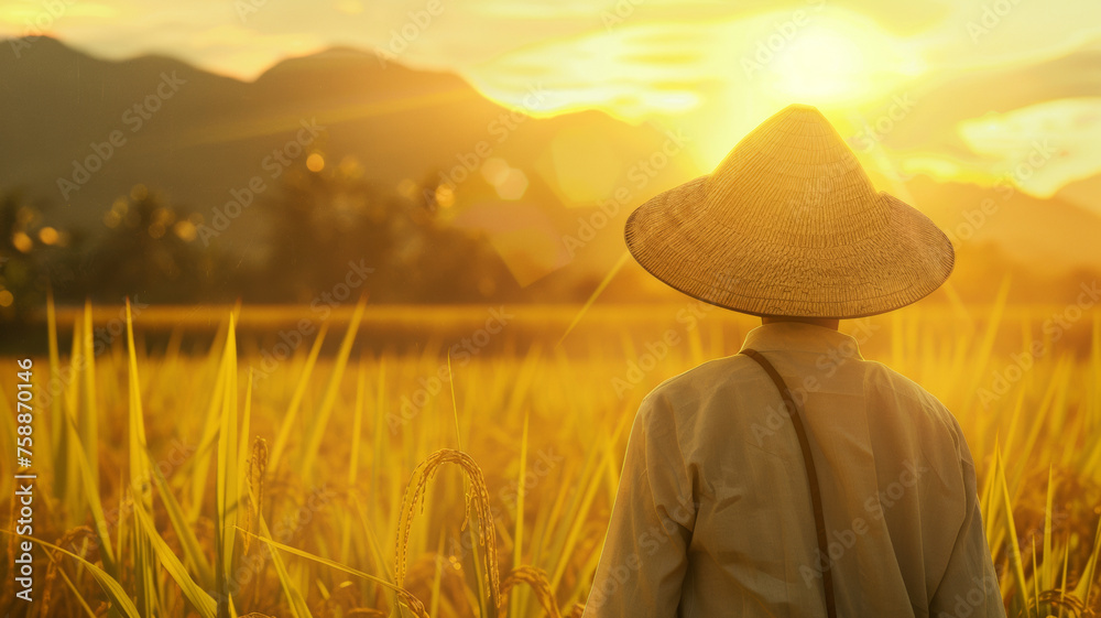 Silhouette of a farmer at sunrise in a golden paddy field.