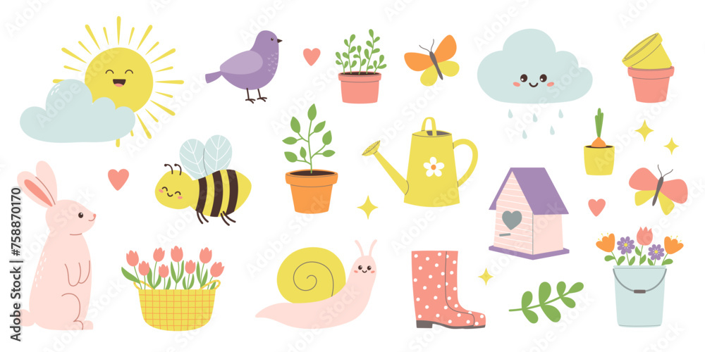 Spring set of cute rabbit, bee, snail, bird and flowers. Design elements for cards, posters, prints and stickers
