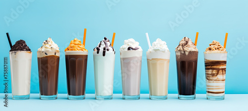 Different flavors of coffee and milkshakes in tall glasses on pastel blue background