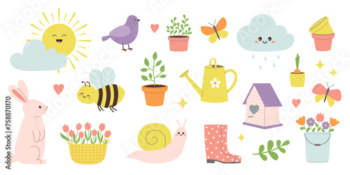 Spring set of cute rabbit, bee, snail, bird and flowers. Design elements for cards, posters, prints and stickers