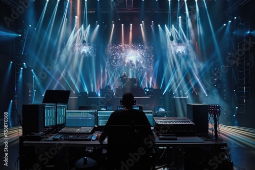 Sound engineer controlling live concert audio mixer.