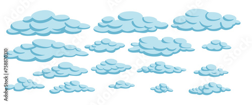 Flat Cartoon clouds collection. Cloudscape in sky, white cloud with shadows isolated vector illustration