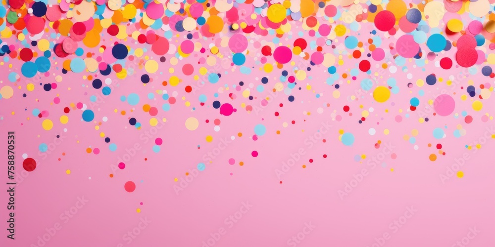 Colorful confetti on pink background. Flat lay composition.