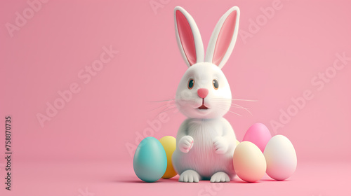 A 3d illustration of a cute fluffy white Easter bunny with colorful Easter eggs on a pink background