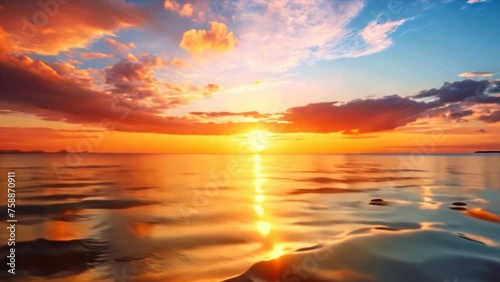 Orange and red hues fill the sky as the sun dips below the horizon, casting a reflection on the calm ocean water