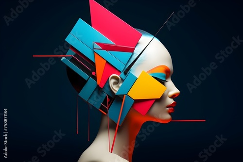 Colorful Geometric Figure Adorning a Woman's Head in a Modern 3D Design photo