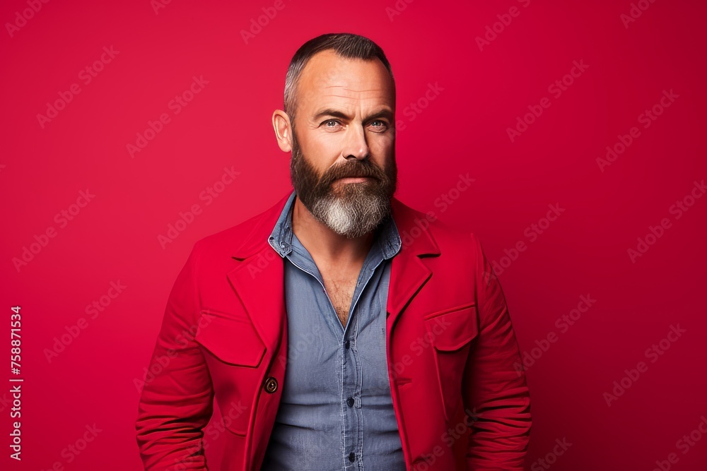 Portrait of a handsome mature man with long beard and mustache wearing a red jacket on a red background