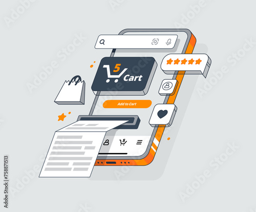 Isometric Online Store Interface with flying windows.  Concept of the popular Marketplace. Vector illustration