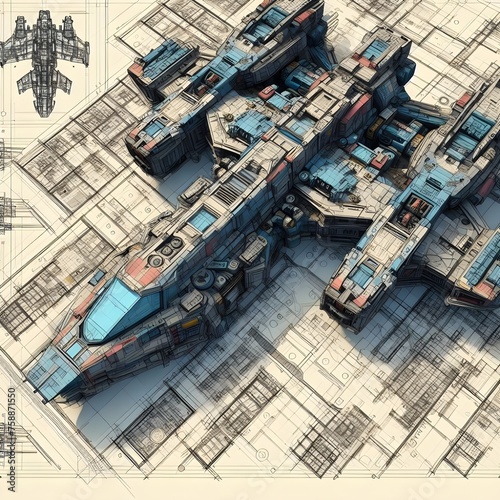 A detailed 3D image of a dropship. Detailed technical.