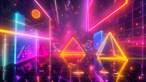 Abstract illustration of geometric shapes and structures in colorful neon colors and lights in cyberspace against dark background photo