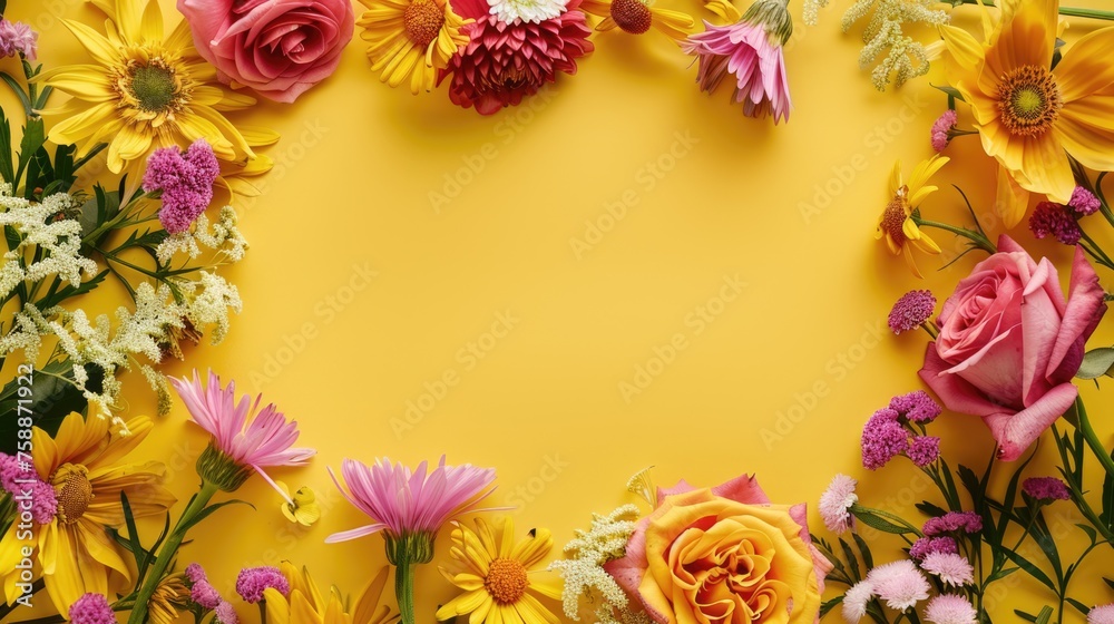 Floral border on a yellow background with copy space. Floral border on a yellow background with copy space.