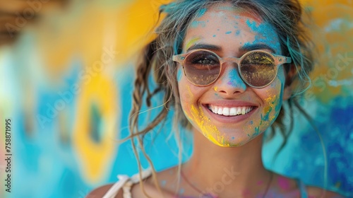 Young woman with colorful paint on face wearing glasses © Julia Jones