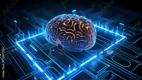 Particles connected in shape of human brain, connection network, artificial intelligence or brain computer interface concept
