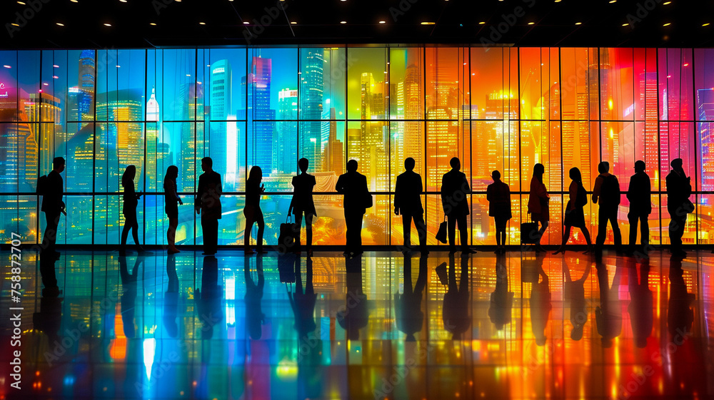 Silhouettes of business people standing in front of colorful city skyline windows reflecting on glossy floor - obrazy, fototapety, plakaty 