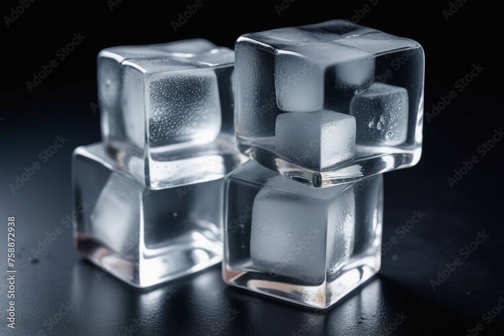 Realistic ice cubes on a dark background, horizontal composition