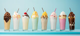 Ice cream milkshakes arranged in a row on pastel blue background on pastel blue background