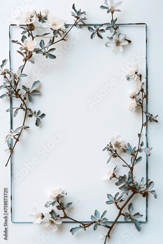 Kwadratowa ramka ozdobiona białymi kwiatami, idealna do dekoracji wiosennych aranżacji i projektów DIY.