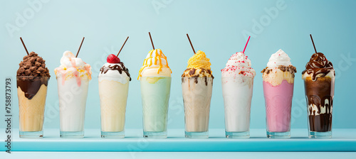 Ice cream milkshakes arranged in a row on pastel blue background on pastel blue background photo