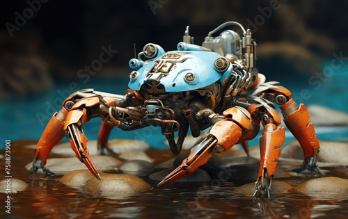 Robot crab on the seashore among the rocks.