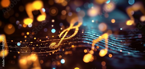 music note on a black background, blurry lights, gold musical note, bokeh, abstract background, concert, music party, singing event, music event, Generative AI  photo