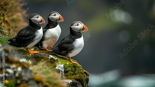 Black and white atlantic puffin birds sit on green rocky shore against of the sea in Iceland