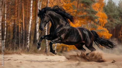 Black friesian stallion running on sand in autumn