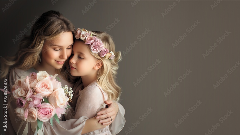 Daughter gives flowers to mother on Mother's Day.