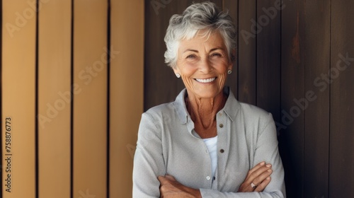 An older woman with her arms crossed leaning against a wall. Suitable for lifestyle and aging concept