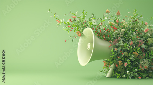 3d illustration of megaphone covered with plants on green background