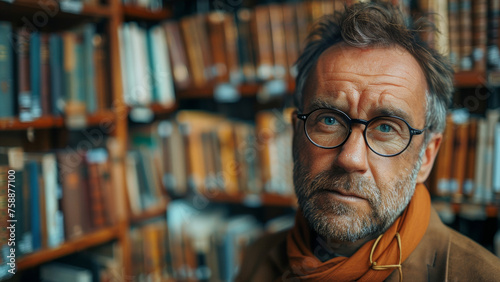 Intense portrait of a cultured man, his gaze piercing through the library's wisdom-laden air. photo