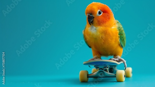 color full love bird chick on a skateboard on a blue background