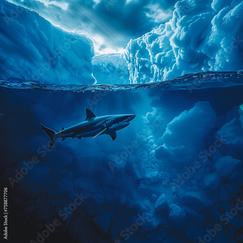 A shark patrols the edge of a deep blue ice shelf its dark figure set against the frozen underwater landscape