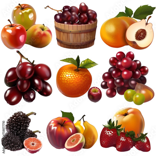 Fruits and berries collection isolated on transparent background.