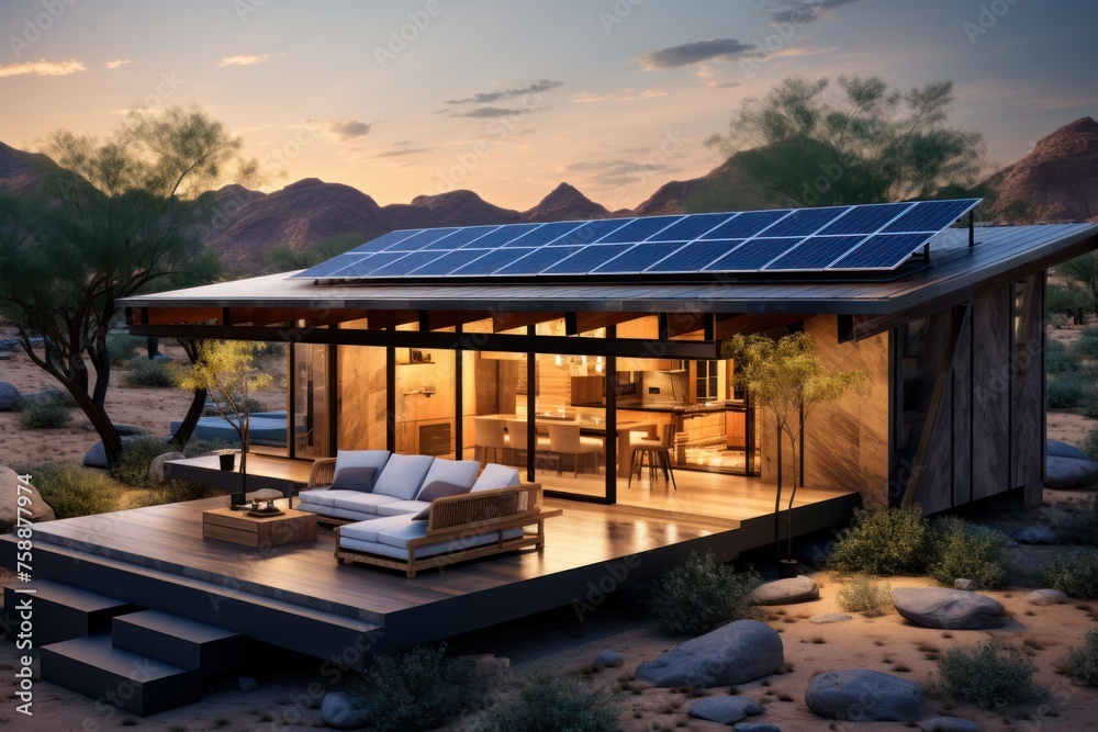 modern house with solar panels on the roof - obrazy, fototapety, plakaty 