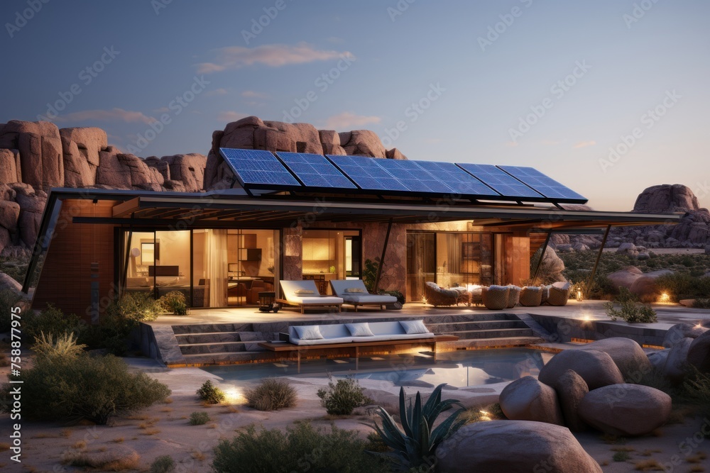 modern cozy house with pool and parking for sale or rent with solar panels on roof. Sunset in the desert.