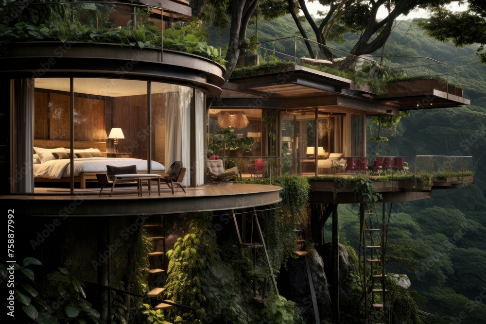 Modern cozy chalet on a mountain in the forest. Unity with nature, ecohotel. Eco tourism concept