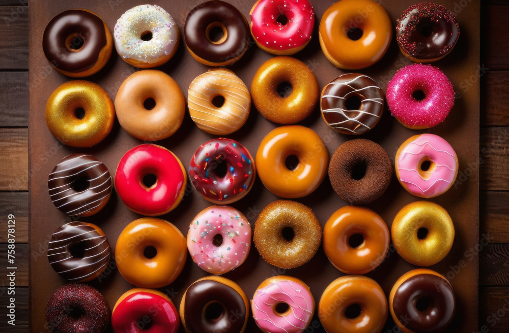 Fototapeta premium A lot of sweet donuts in multicolored glaze are lying on a brown board, top view.