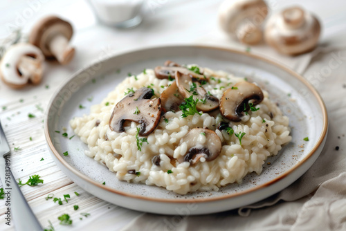 Delicious Mushroom Risotto on a Wooden Table