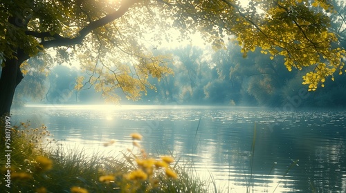 A serene lake surrounded by trees, with sunlight filtering through the leaves and mist rising.