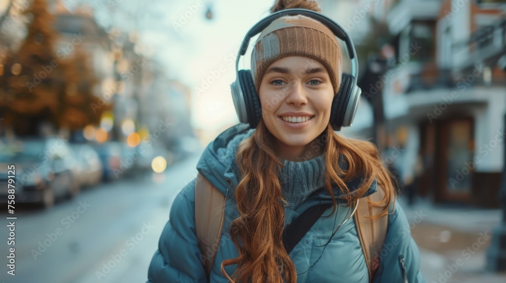 Young attractive woman listening to music using headphones in urban background. ai generated
