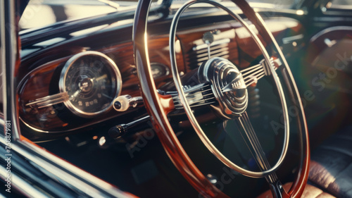 Vintage car elegance: gleaming wood grain wheel embraces a journey through time. © VK Studio