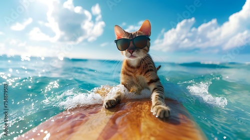 Fearless striped cat surfer in sunglasses on a board on a wave in the ocean