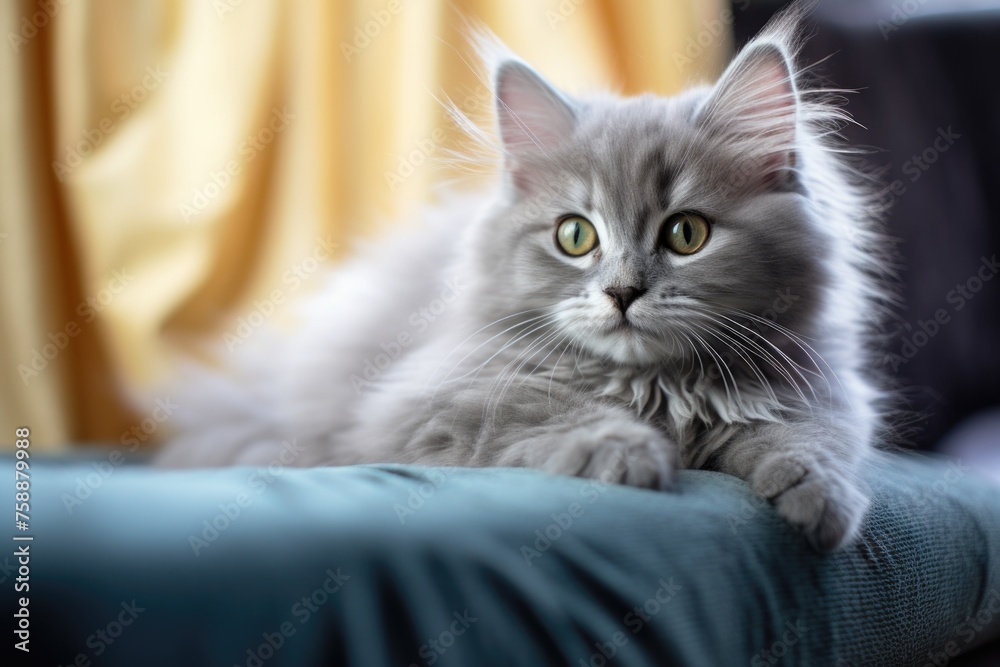A cozy scene with a cute gray cat relaxing on a blue couch. Perfect for pet lovers or interior design concepts