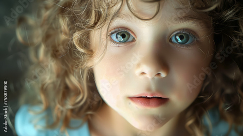 Close-up of a child with big blue eyes and curly hair, exuding innocence and curiosity.