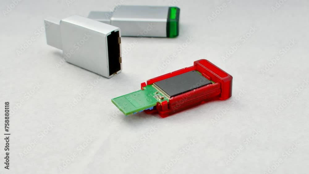 Close-up of a disassembled USB flash drive on a white background, revealing its internal complexity. Close-up of an open USB flash drive, exposing circuits and connections, on a white surface. Close-up of a disassembled USB flash drive on a white background, revealing its internal complexity. Close-up of an open USB flash drive, exposing circuits and connections, on a white surface.