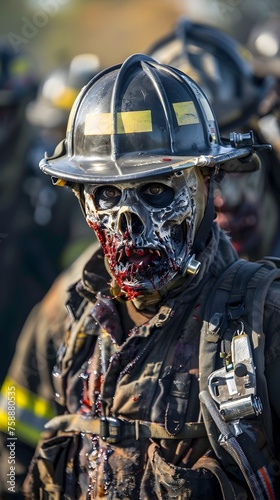 A man in a zombie costume is wearing a fireman's helmet