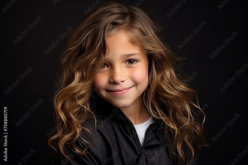 Portrait of a cute little girl with long curly hair over black background