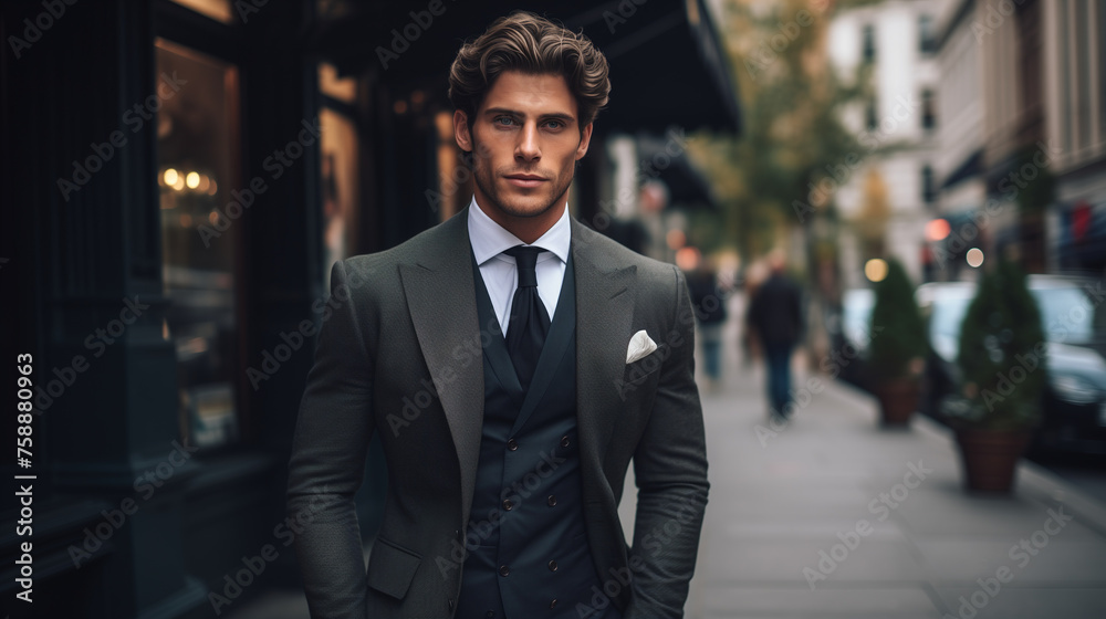 Handsome man wearing classic suit in the city