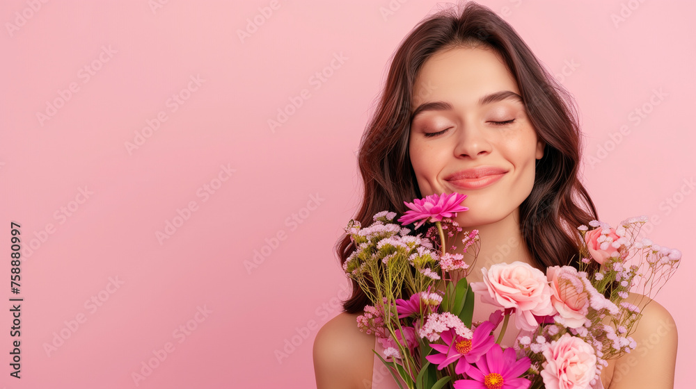 Portrait of a woman with flowers isolated on pink background